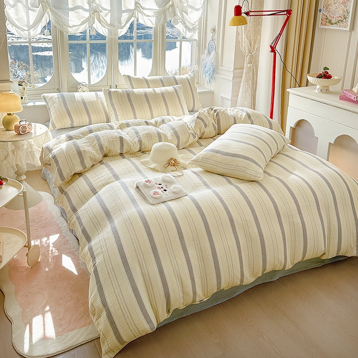 91家纺网 家纺一手货源 找家纺 木楌家居 2025新款A类全棉皱皱纱印花四件套 时序 桔蓝