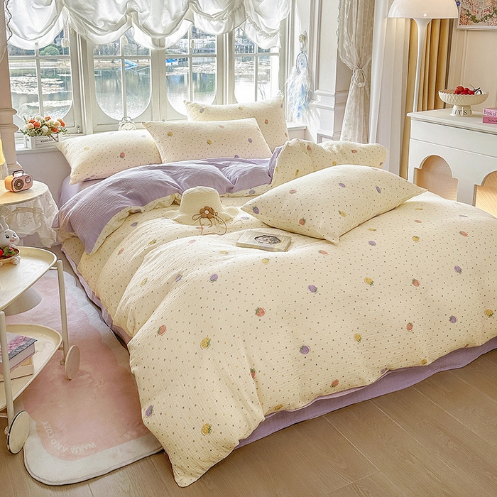 91家纺网 家纺一手货源 找家纺 木楌家居 2025新款A类全棉皱皱纱印花四件套 草莓啵啵