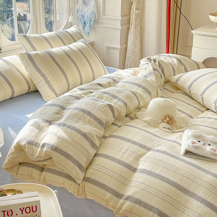 91家纺网 家纺一手货源 找家纺 木楌家居 2025新款A类全棉皱皱纱印花四件套 时序 桔蓝