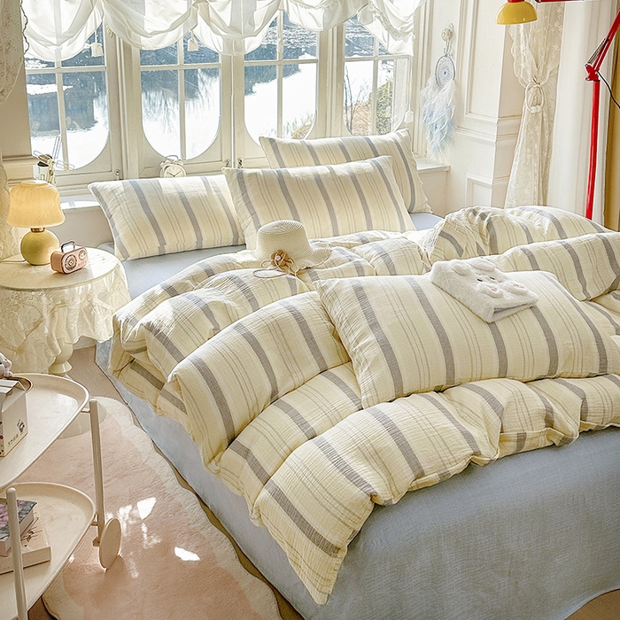 91家纺网 家纺一手货源 找家纺 木楌家居 2025新款A类全棉皱皱纱印花四件套 时序 桔蓝