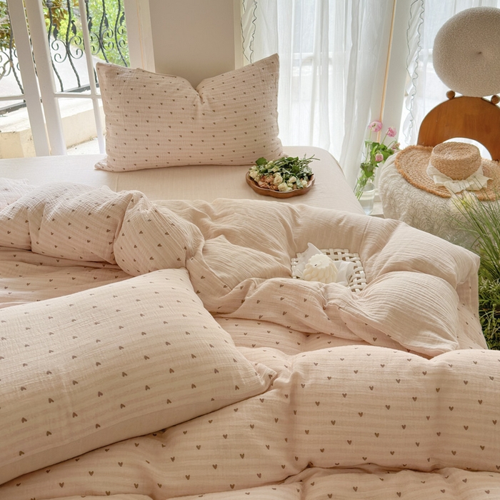 91家纺网 家纺一手货源 找家纺 木楌家居 2025新款A类全棉皱皱纱印花四件套 可心咖