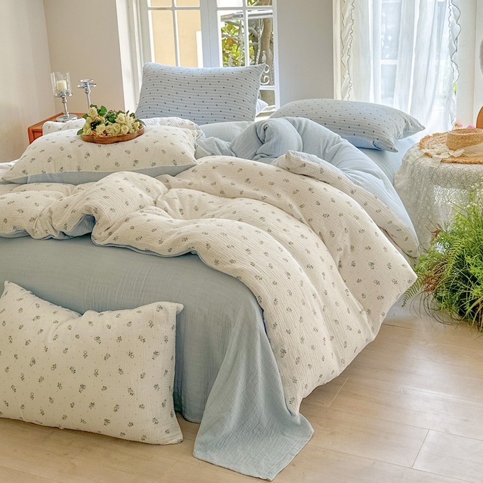 91家纺网 家纺一手货源 找家纺 木楌家居 2025新款A类全棉皱皱纱印花四件套 兰菲