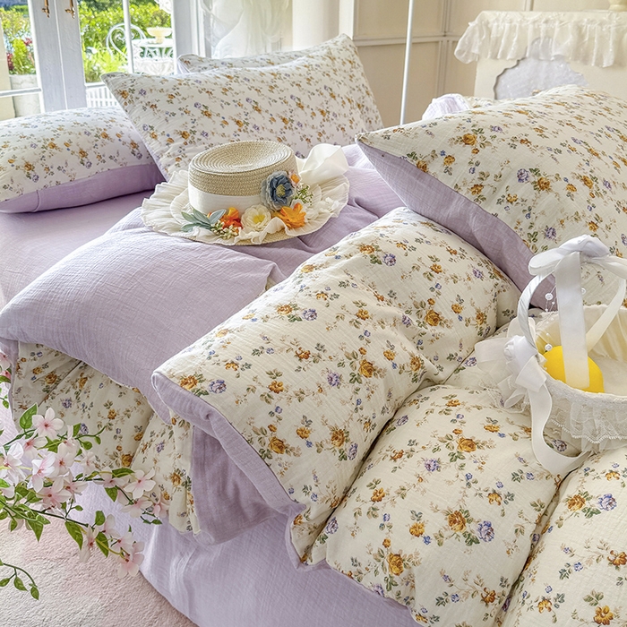 91家纺网 家纺一手货源 找家纺 木楌家居 2025新款A类全棉皱皱纱印花四件套 伊洛娜