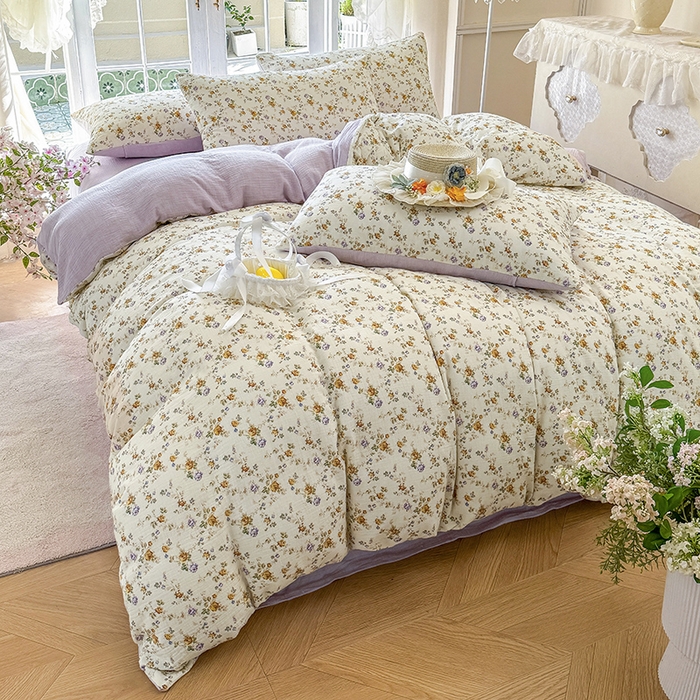 91家纺网 家纺一手货源 找家纺 木楌家居 2025新款A类全棉皱皱纱印花四件套 伊洛娜