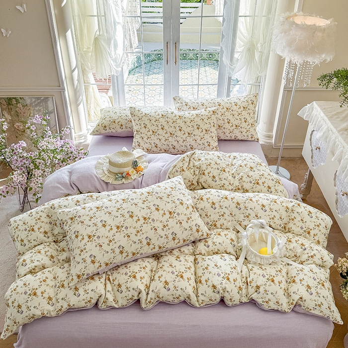 91家纺网 家纺一手货源 找家纺 木楌家居 2025新款A类全棉皱皱纱印花四件套 伊洛娜