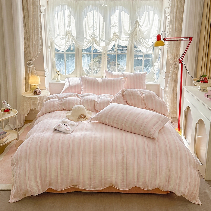 91家纺网 家纺一手货源 找家纺 木楌家居 2025新款A类全棉皱皱纱印花四件套 半夏  粉