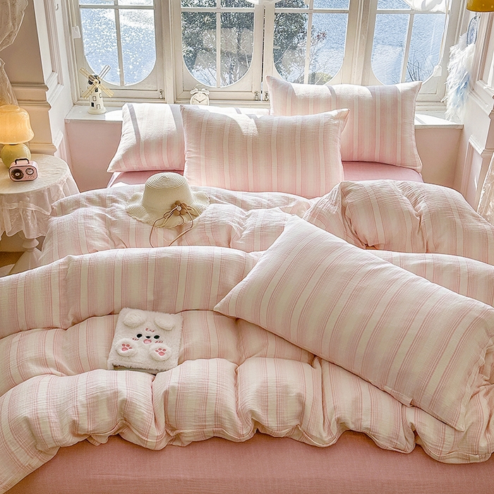 91家纺网 家纺一手货源 找家纺 木楌家居 2025新款A类全棉皱皱纱印花四件套 半夏  粉