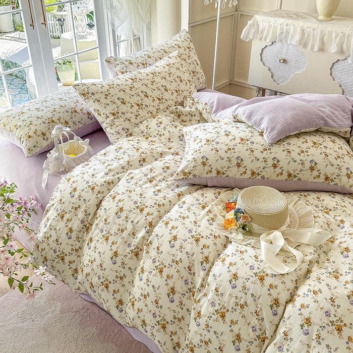 91家纺网 家纺一手货源 找家纺 木楌家居 2025新款A类全棉皱皱纱印花四件套 伊洛娜