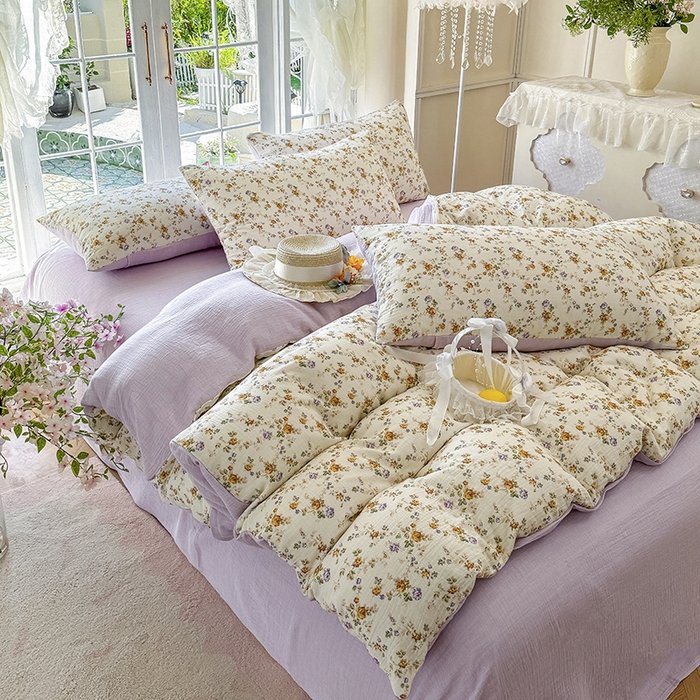 91家纺网 家纺一手货源 找家纺 木楌家居 2025新款A类全棉皱皱纱印花四件套 伊洛娜