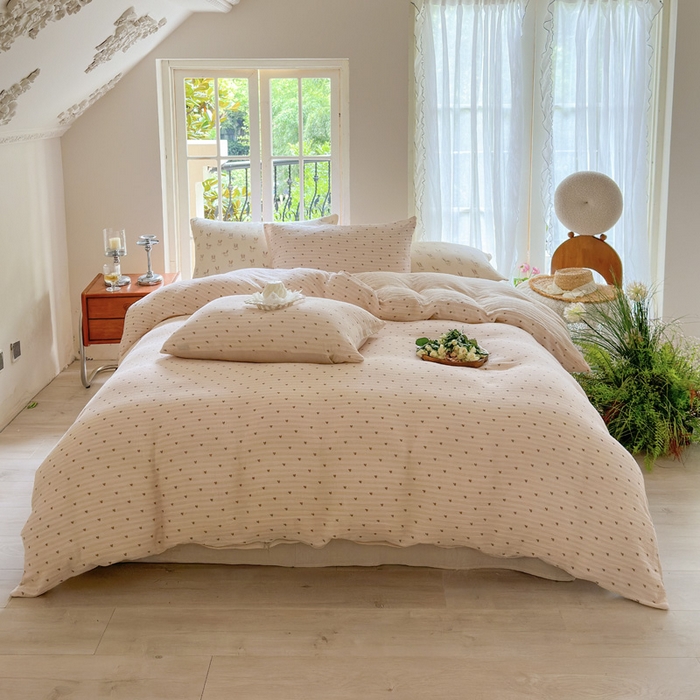 91家纺网 家纺一手货源 找家纺 木楌家居 2025新款A类全棉皱皱纱印花四件套 可心咖