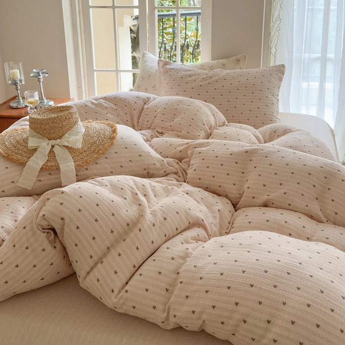 91家纺网 家纺一手货源 找家纺 木楌家居 2025新款A类全棉皱皱纱印花四件套 可心咖