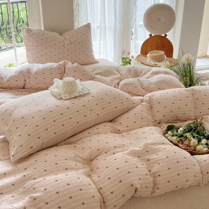 91家纺网 家纺一手货源 找家纺 木楌家居 2025新款A类全棉皱皱纱印花四件套 可心咖