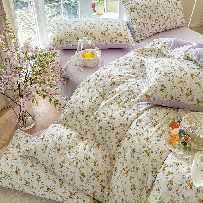 91家纺网 家纺一手货源 找家纺 木楌家居 2025新款A类全棉皱皱纱印花四件套 伊洛娜