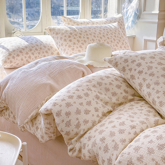 91家纺网 家纺一手货源 找家纺 木楌家居 2025新款A类全棉皱皱纱印花四件套 西棠