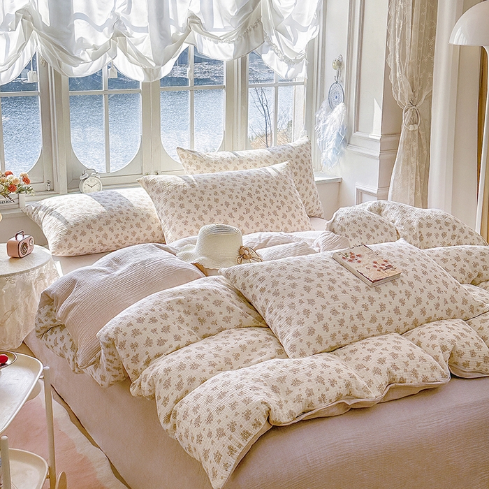 91家纺网 家纺一手货源 找家纺 木楌家居 2025新款A类全棉皱皱纱印花四件套 西棠