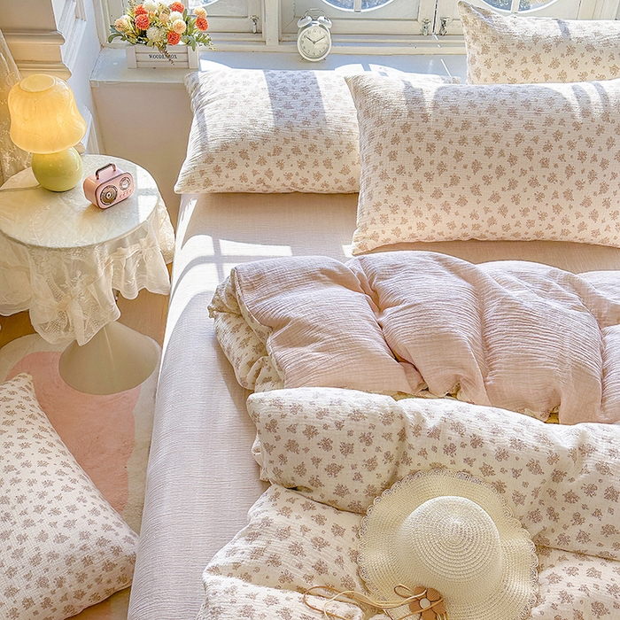 91家纺网 家纺一手货源 找家纺 木楌家居 2025新款A类全棉皱皱纱印花四件套 西棠