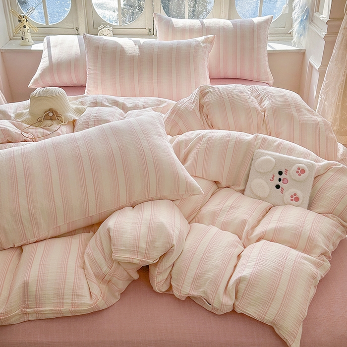 91家纺网 家纺一手货源 找家纺 木楌家居 2025新款A类全棉皱皱纱印花四件套 半夏  粉