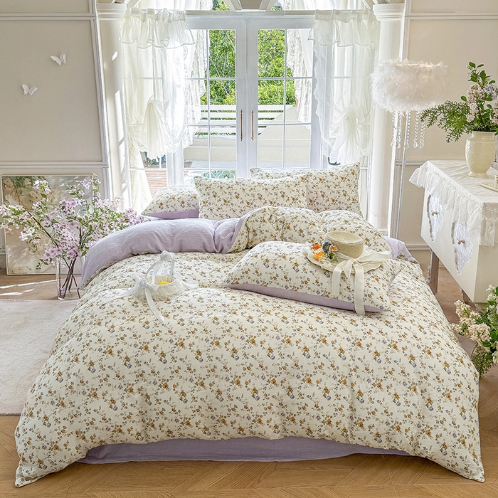 91家纺网 家纺一手货源 找家纺 木楌家居 2025新款A类全棉皱皱纱印花四件套 伊洛娜