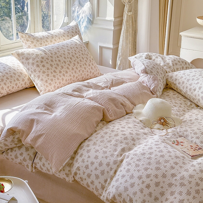 91家纺网 家纺一手货源 找家纺 木楌家居 2025新款A类全棉皱皱纱印花四件套 西棠