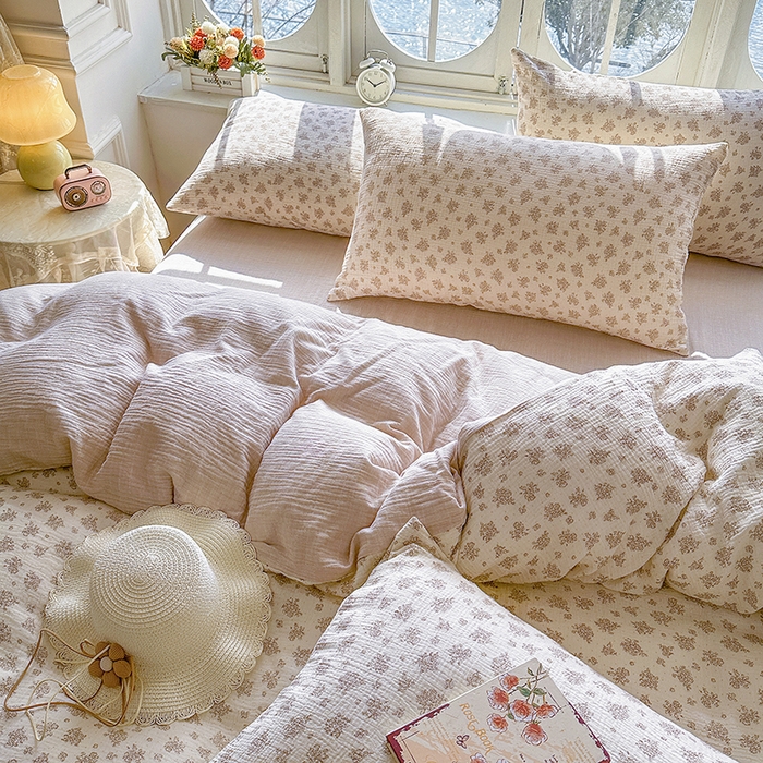 91家纺网 家纺一手货源 找家纺 木楌家居 2025新款A类全棉皱皱纱印花四件套 西棠