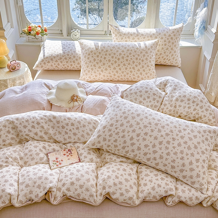 91家纺网 家纺一手货源 找家纺 木楌家居 2025新款A类全棉皱皱纱印花四件套 西棠