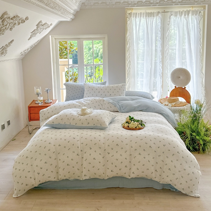 91家纺网 家纺一手货源 找家纺 木楌家居 2025新款A类全棉皱皱纱印花四件套 兰菲