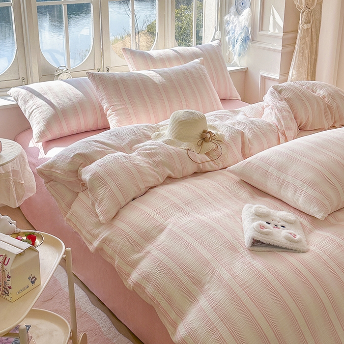 木楌家居 2025新款A类全棉皱皱纱印花四件套 半夏  粉