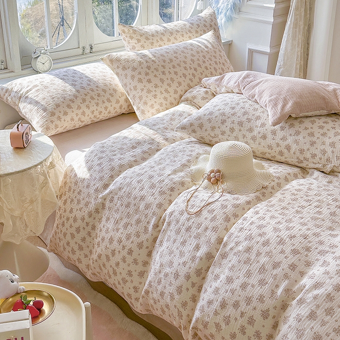 91家纺网 家纺一手货源 找家纺 木楌家居 2025新款A类全棉皱皱纱印花四件套 西棠