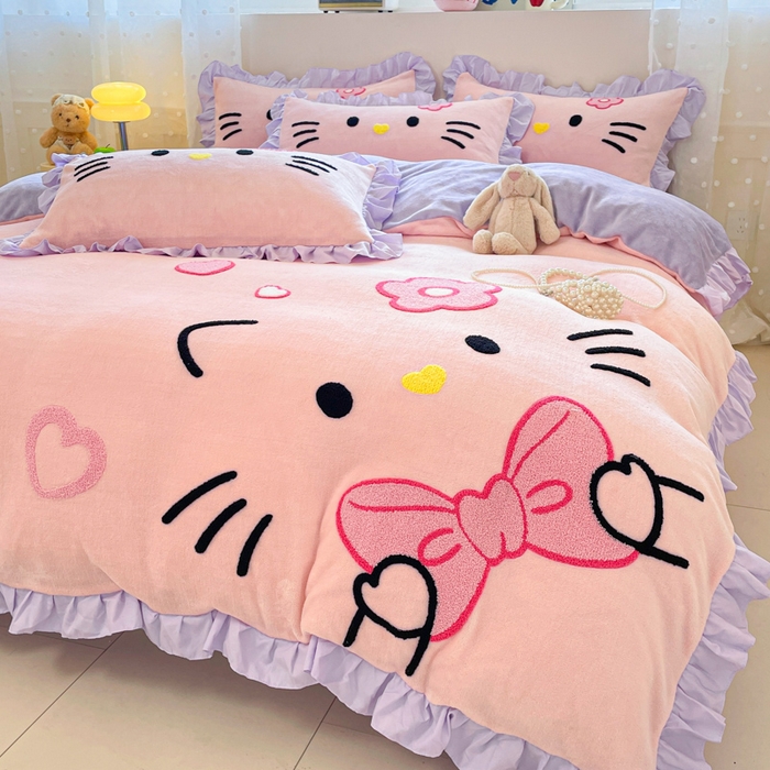 泉欣家纺 2025新款牛奶绒公主风毛巾绣花床单款床笠款四件套三件套奶糖猫咪（专版） 奶糖猫咪-粉紫
