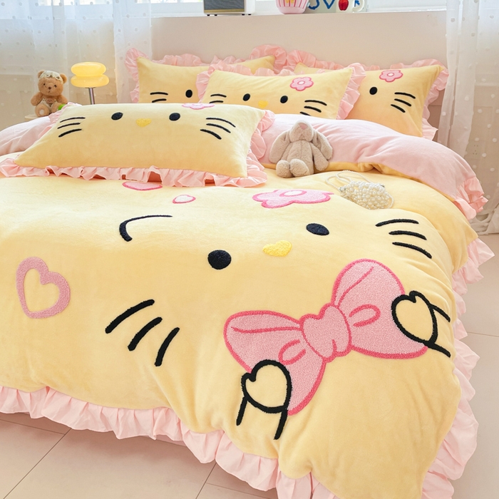 泉欣家纺 2025新款牛奶绒公主风毛巾绣花床单款床笠款四件套三件套奶糖猫咪（专版） 奶糖猫咪-黄粉
