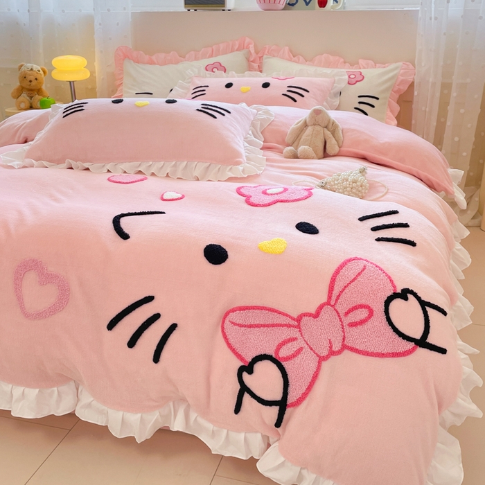 泉欣家纺 2025新款牛奶绒公主风毛巾绣花床单款床笠款四件套三件套奶糖猫咪（专版） 奶糖猫咪-粉