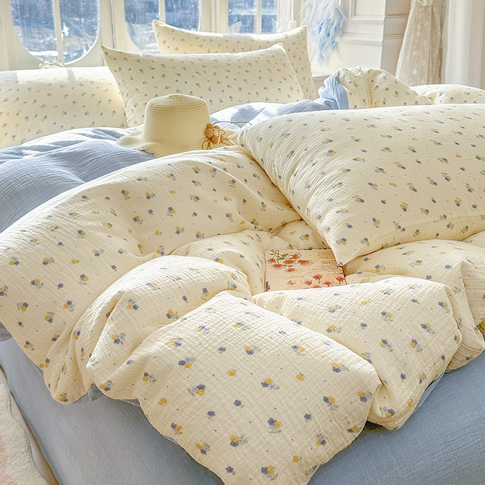 91家纺网 家纺一手货源 找家纺 木楌家居 2025新款A类全棉皱皱纱印花四件套 黎夏 兰