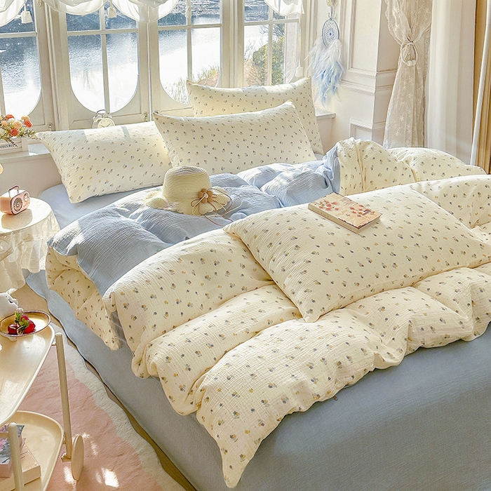 91家纺网 家纺一手货源 找家纺 木楌家居 2025新款A类全棉皱皱纱印花四件套 黎夏 兰