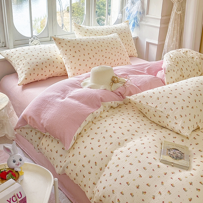 木楌家居 2025新款A类全棉皱皱纱印花四件套 黎夏  粉