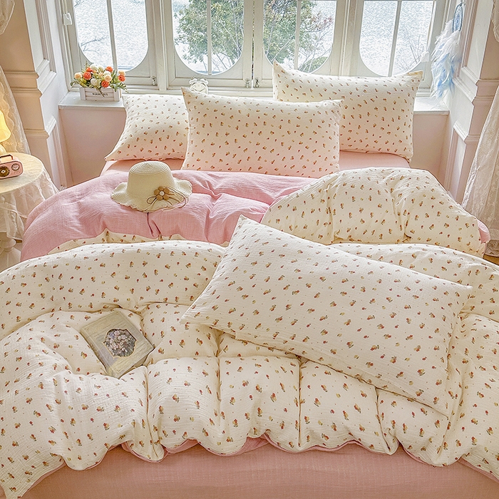 91家纺网 家纺一手货源 找家纺 木楌家居 2025新款A类全棉皱皱纱印花四件套 黎夏  粉