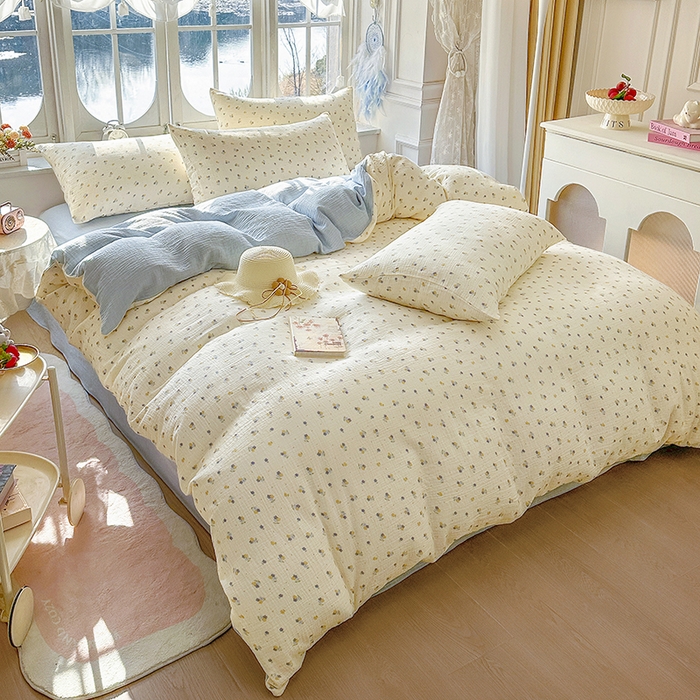 91家纺网 家纺一手货源 找家纺 木楌家居 2025新款A类全棉皱皱纱印花四件套 黎夏 兰