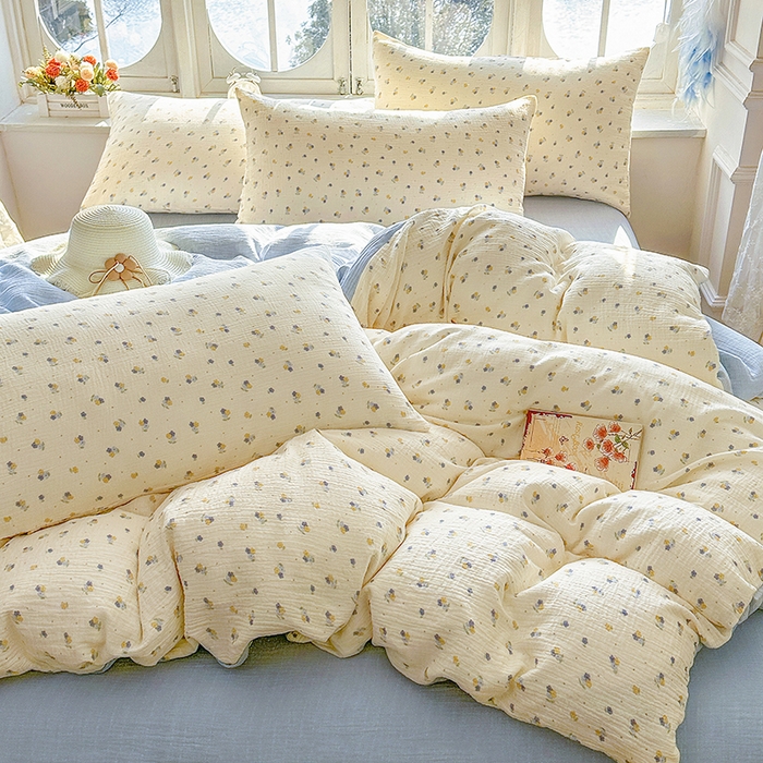 91家纺网 家纺一手货源 找家纺 木楌家居 2025新款A类全棉皱皱纱印花四件套 黎夏 兰