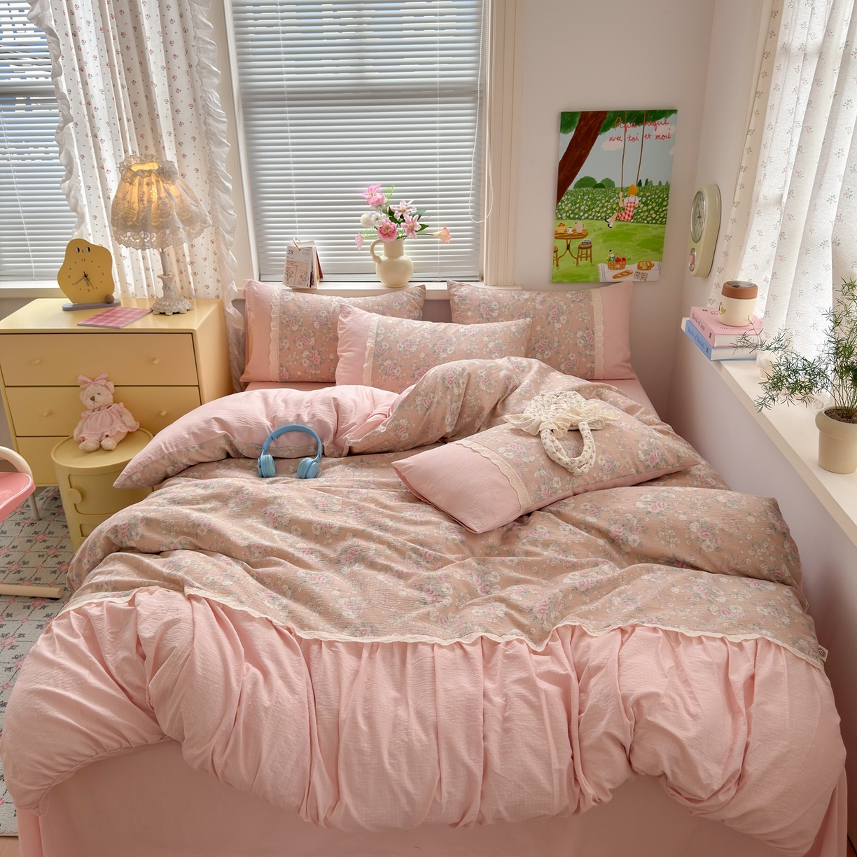 91家纺网 家纺一手货源 找家纺 典雅家纺 2025新款A类超柔双层纱四件套花边工艺款四件套 安娜花园