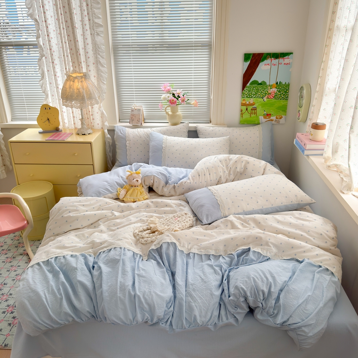 91家纺网 家纺一手货源 找家纺 典雅家纺 2025新款A类超柔双层纱四件套花边工艺款四件套 海盐气泡