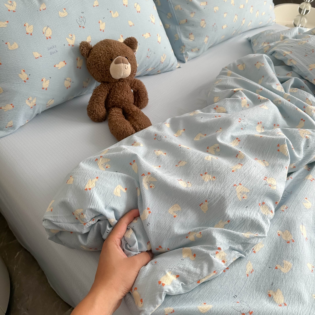 91家纺网 家纺一手货源 找家纺 韩巢家纺 2025新款双层纱床上用品四件套热销款超柔学生宿舍床单被套三件套 向天歌大鹅