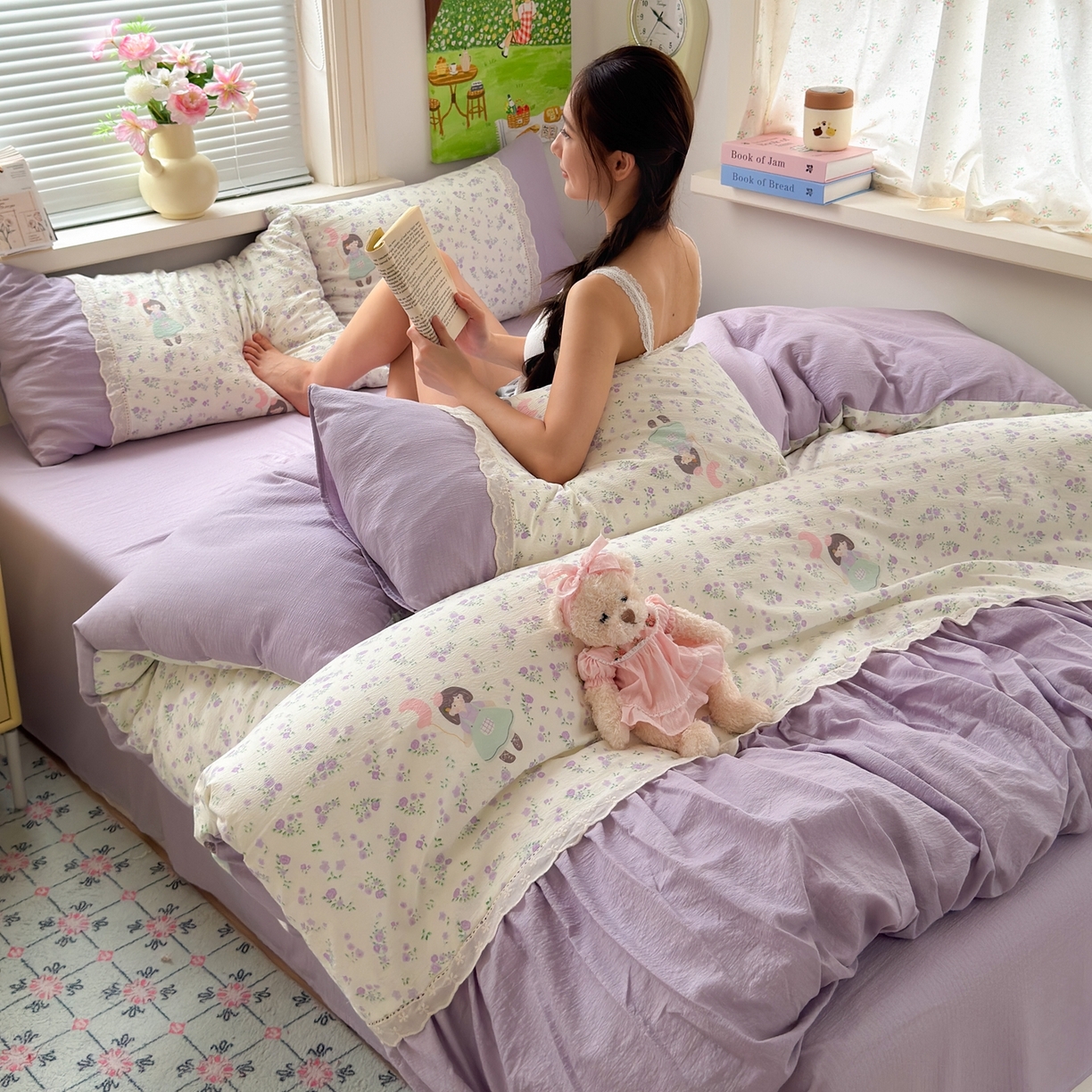 91家纺网 家纺一手货源 找家纺 典雅家纺 2025新款A类超柔双层纱四件套花边工艺款四件套 奶油公主