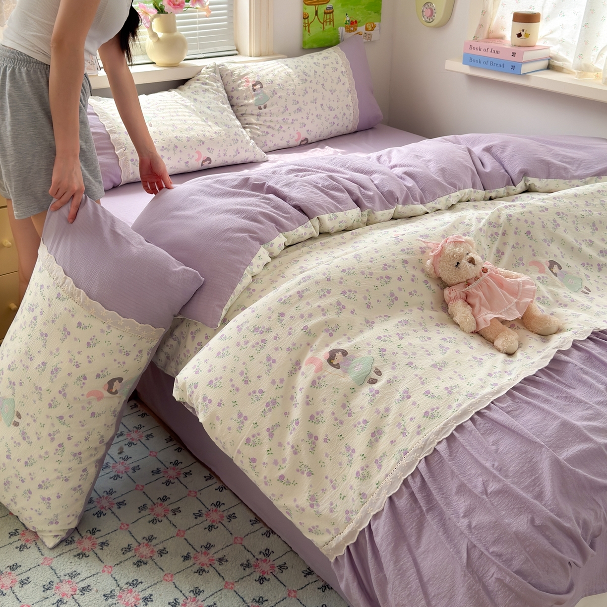 91家纺网 家纺一手货源 找家纺 典雅家纺 2025新款A类超柔双层纱四件套花边工艺款四件套 奶油公主