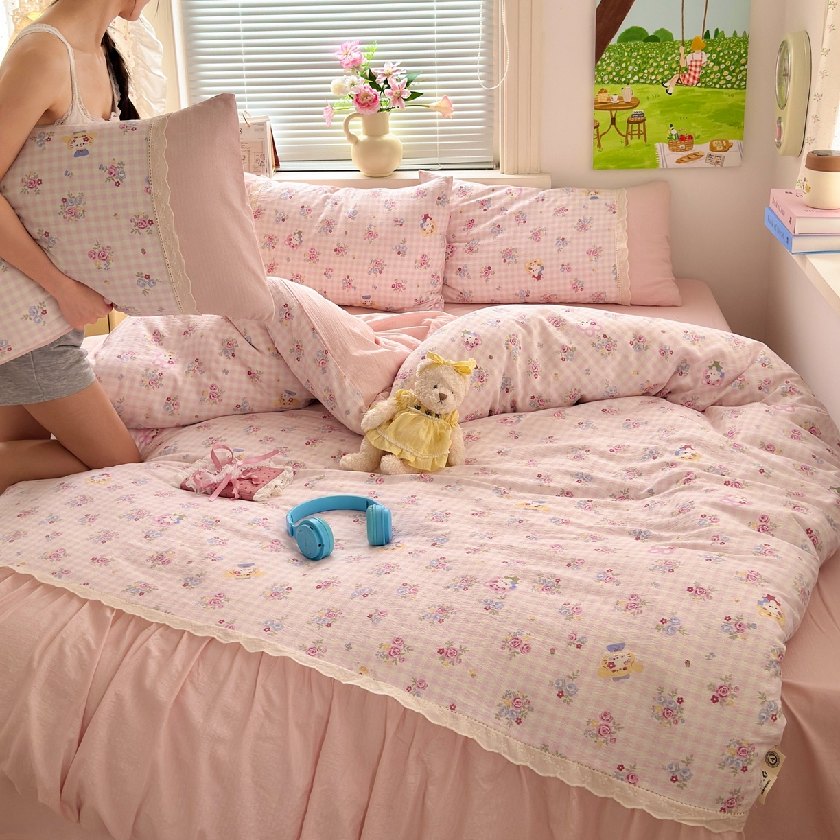 91家纺网 家纺一手货源 找家纺 典雅家纺 2025新款A类超柔双层纱四件套花边工艺款四件套 欧若拉