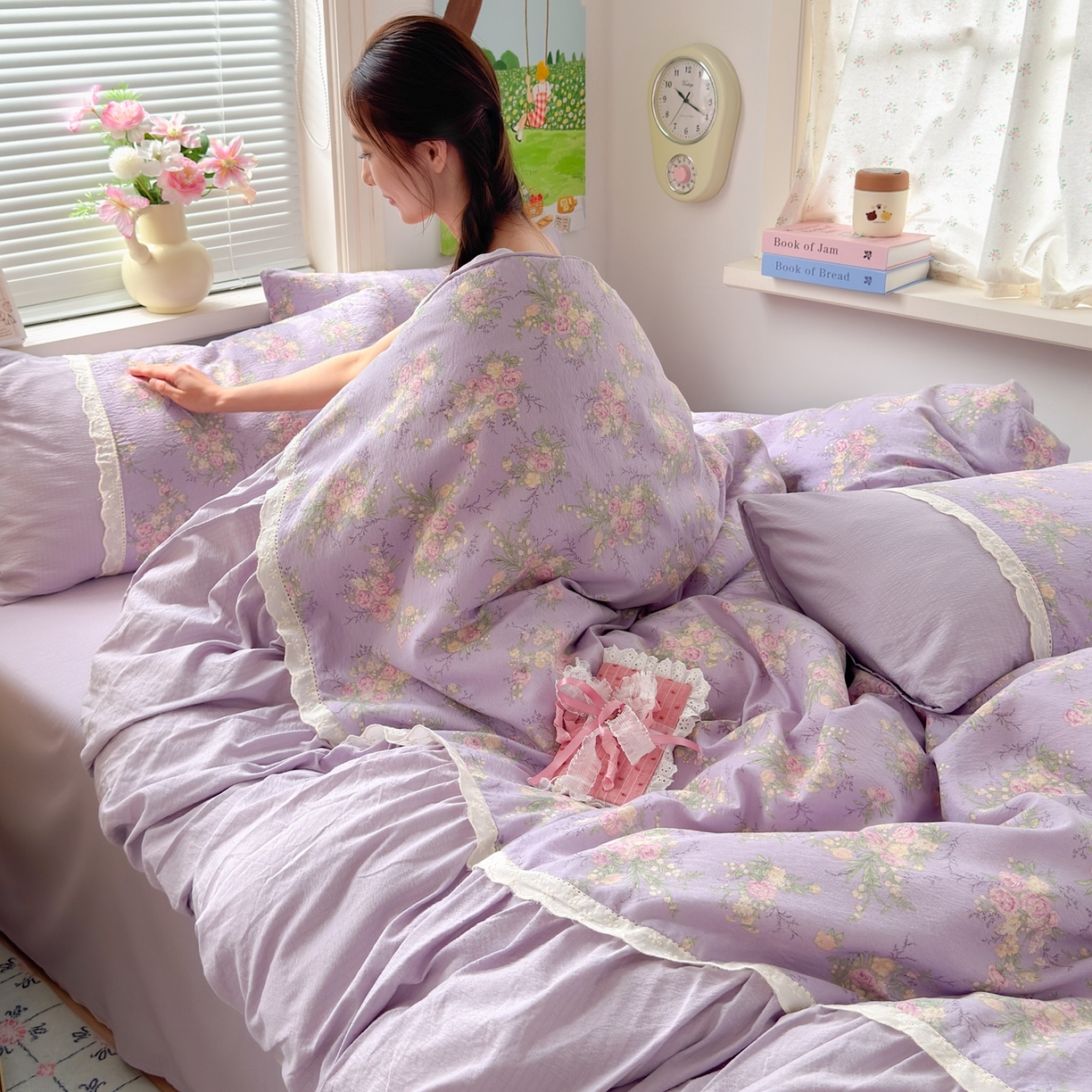 91家纺网 家纺一手货源 找家纺 典雅家纺 2025新款A类超柔双层纱四件套花边工艺款四件套 紫嫣