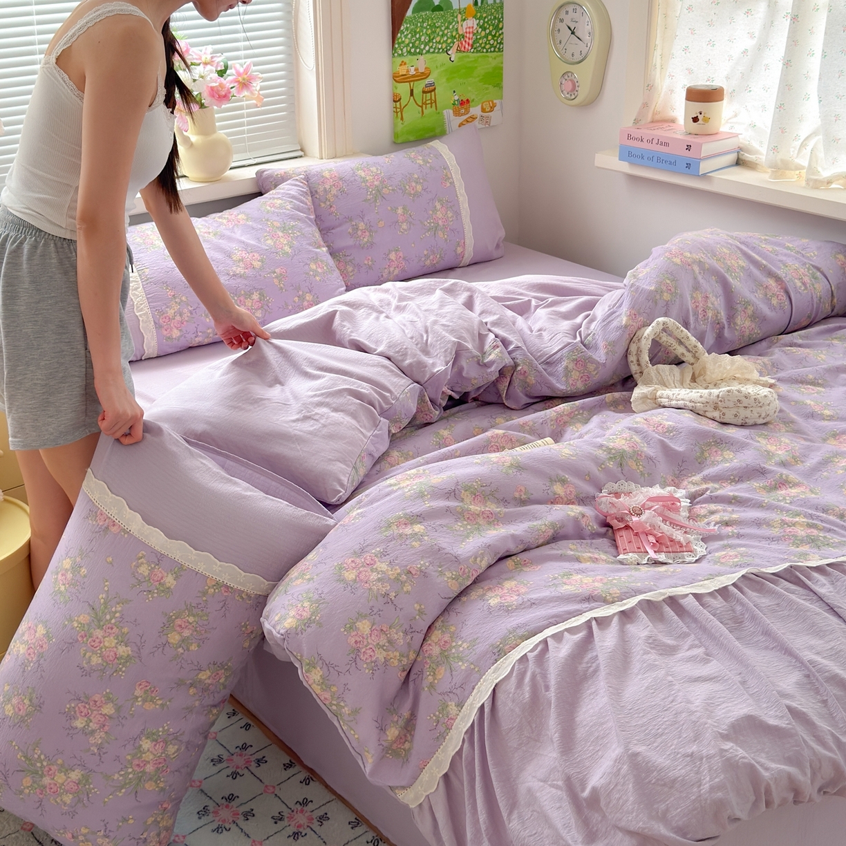 91家纺网 家纺一手货源 找家纺 典雅家纺 2025新款A类超柔双层纱四件套花边工艺款四件套 紫嫣