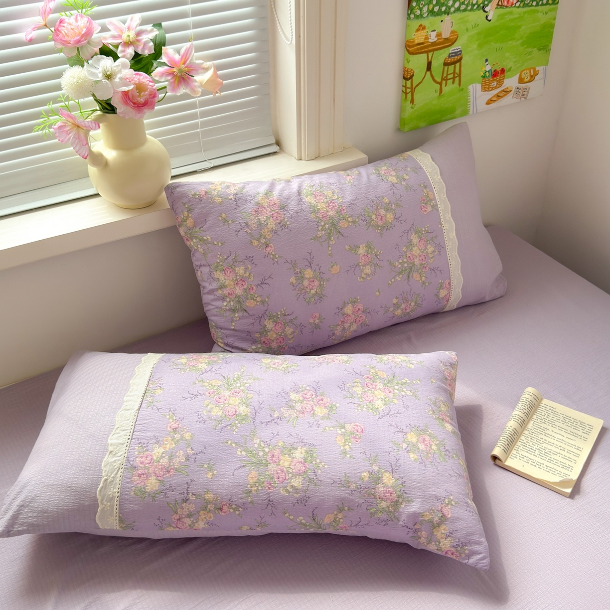 91家纺网 家纺一手货源 找家纺 典雅家纺 2025新款A类超柔双层纱四件套花边工艺款四件套 紫嫣