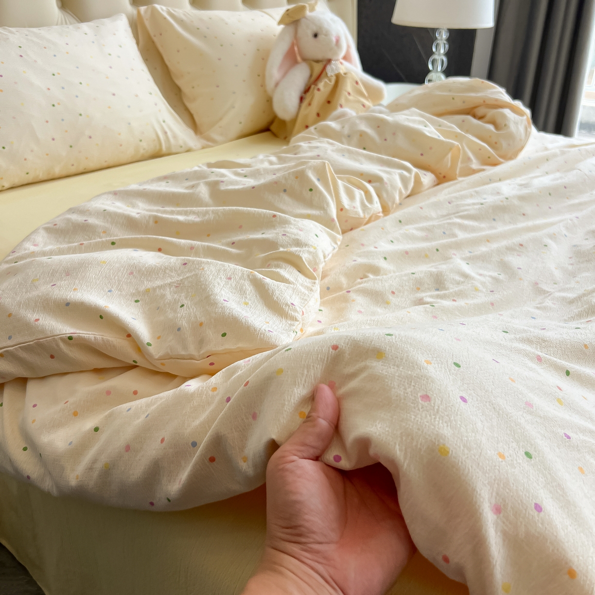 91家纺网 家纺一手货源 找家纺 韩巢家纺 2025新款双层纱床上用品四件套热销款超柔学生宿舍床单被套三件套 波点世界