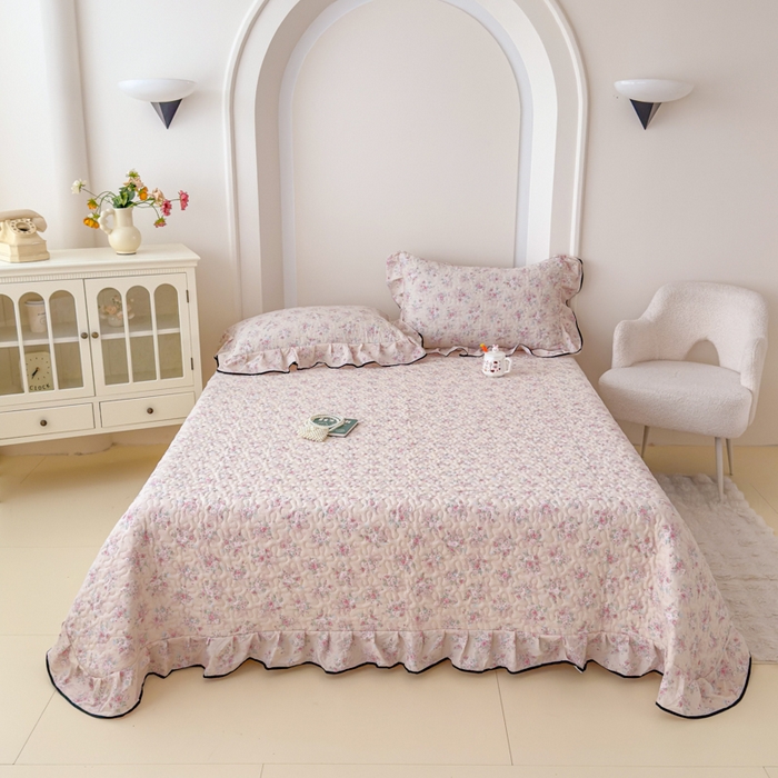 91家纺网 家纺一手货源 找家纺 999家纺 2025新款A类云感原麻双层纱床盖四件套 春天里【花边款】