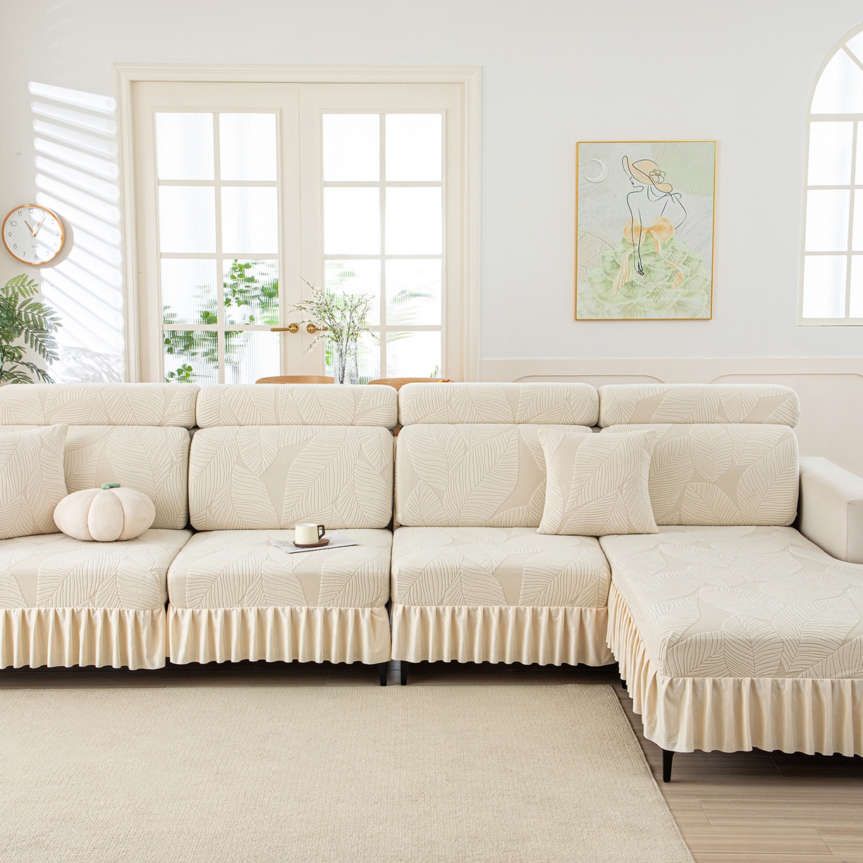 91家纺网 家纺一手货源 找家纺 沐沐家纺 2026新款霏叶裙边沙发笠 亚麻白