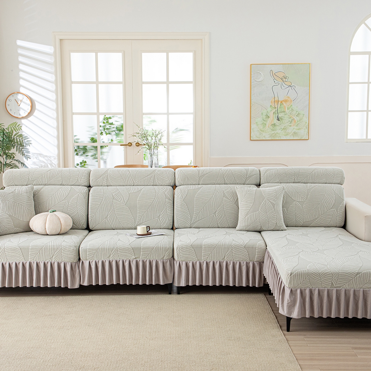 91家纺网 家纺一手货源 找家纺 沐沐家纺 2026新款霏叶裙边沙发笠 浅灰